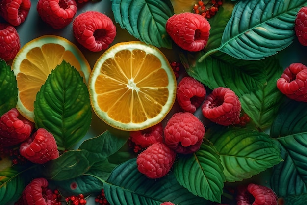 Background with raspberry lemon and mint Neural network AI generated