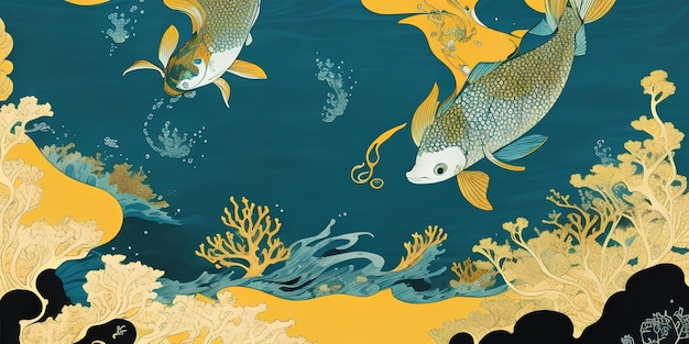 Background with sea fish coral and seaweed illustration in blue and orange colors panel with the ocean a picture of the underwater world Generation ai