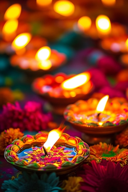 a background with a tasteful arrangement of Holi diyas lamps lit up