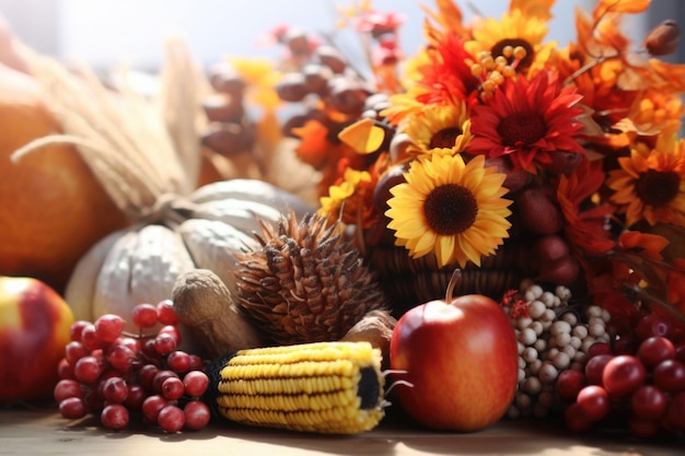 Background with thanksgiving decorating Pumpkins with fruits flowers vegetables leaves AI generated