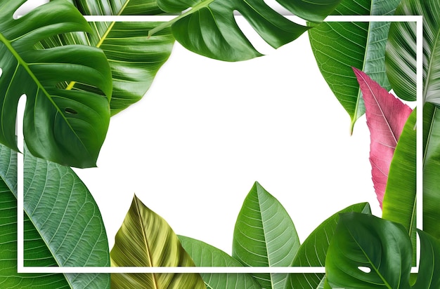 Background with tropical leaves with white frame Generative AI