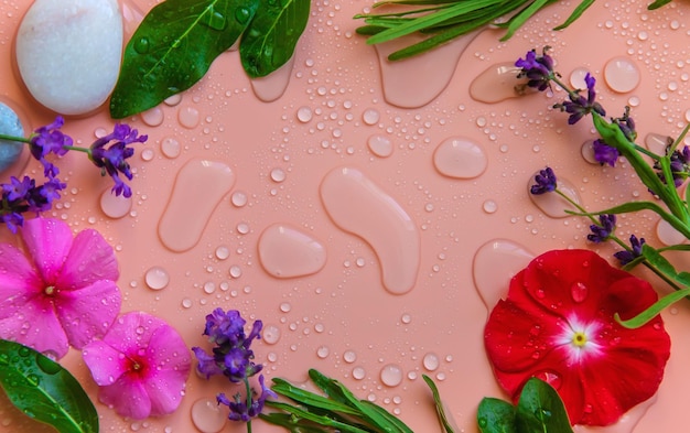 Background with water drops and flowers Selective focus