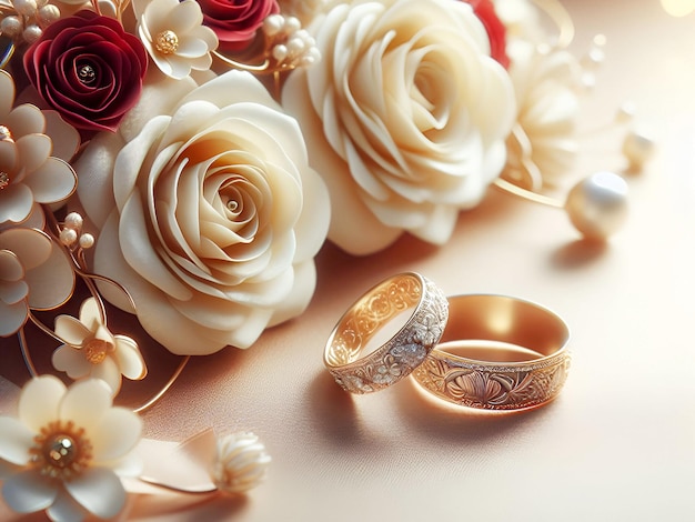 Background with wedding rings and roses AIgenerated