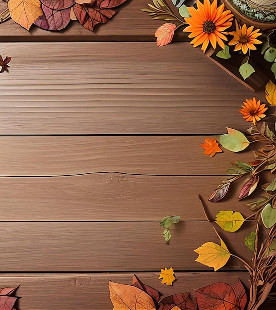 Background with wooden table and autumn leaves around the edges