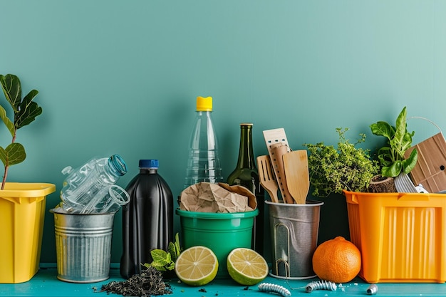 Photo background with a zerowaste lifestyle theme showcasing reusable items composting bins and sustainable alternatives to singleuse plastics