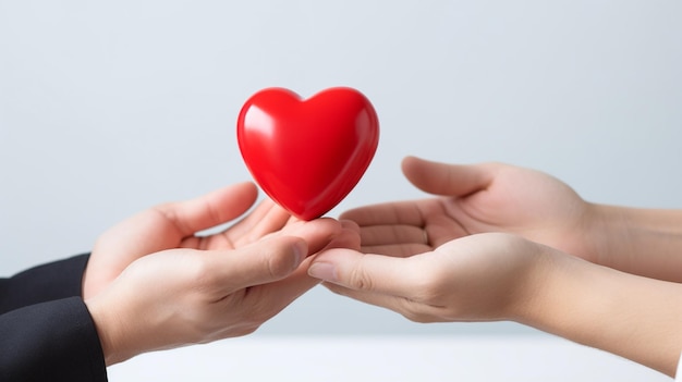 background Woman gives red heart to man on white background