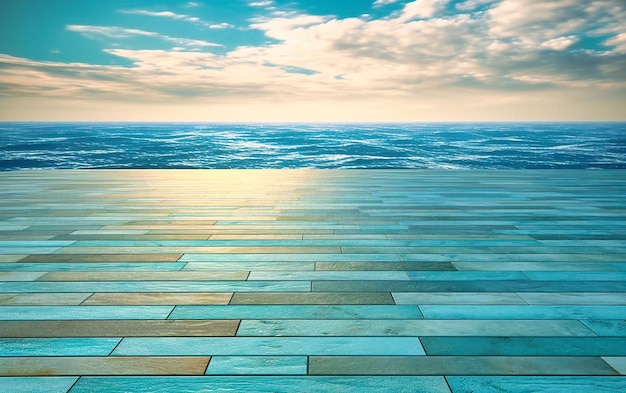 Background of a wooden floor overlooking the ocean and sky