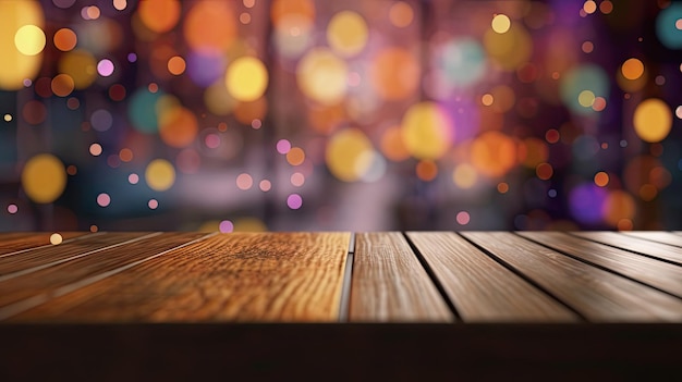 Background of wooden table in front of abstract blurred