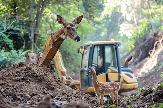 Photo backhoe loader and wildlife interaction