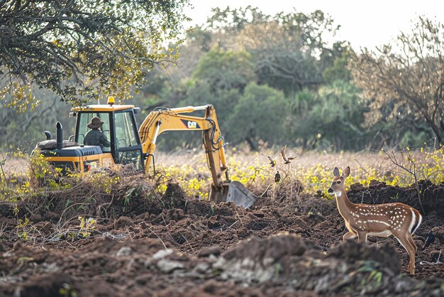 Photo backhoe loader and wildlife interaction