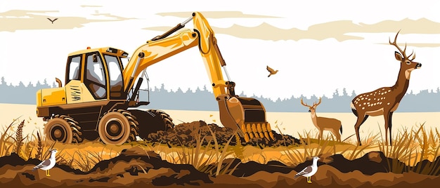 Photo backhoe loader and wildlife interaction