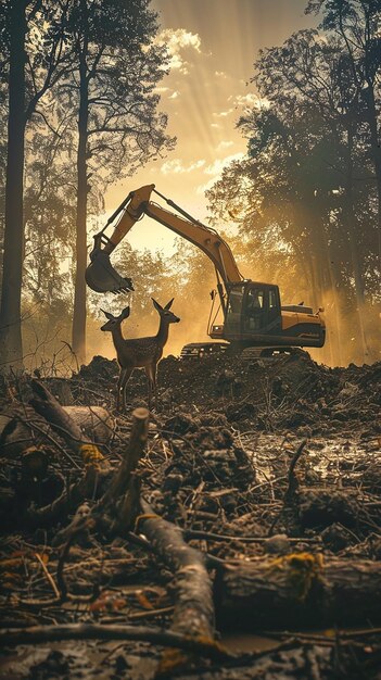 Photo backhoe loader and wildlife interaction