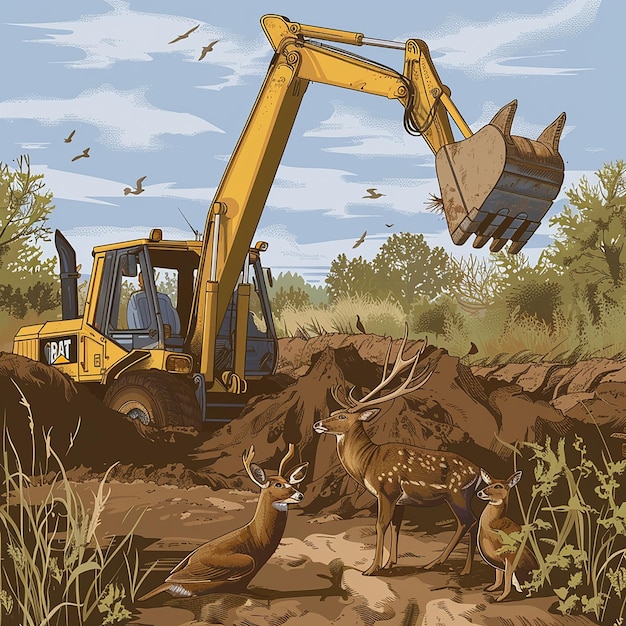 Photo backhoe loader and wildlife interaction