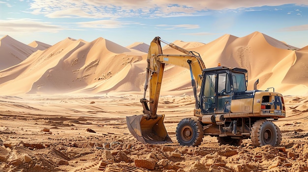 A Backhoe Vibro on a desert construction site with sand dunes in the background