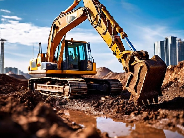 Backhoe working by digging soil at construction site Crawler excavator digging on soil