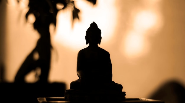 Backlight silhouette of meditating Buddha statue at sunset bokeh background warm colors