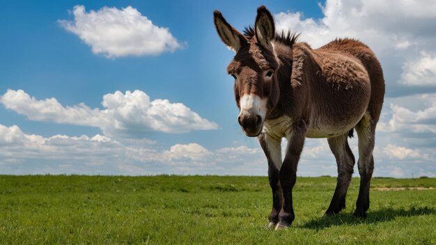 Backlit donkey in a field at sunrise or sunset creating a peaceful scene