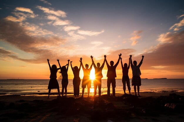 Backlit silhouette of Group of people partying on the beach at sunset or sunrise