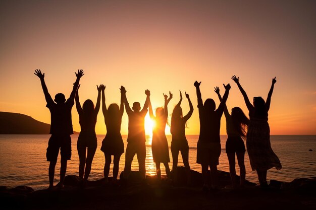 Backlit silhouette of Group of people partying on the beach at sunset or sunrise