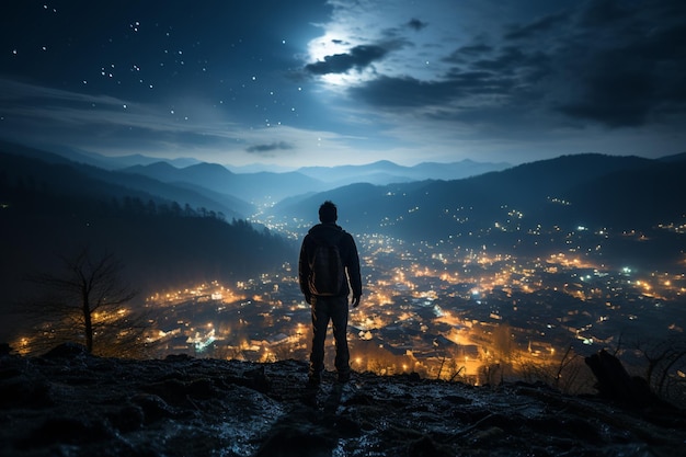 Backlit silhouette Person captivated by night sky highangle view