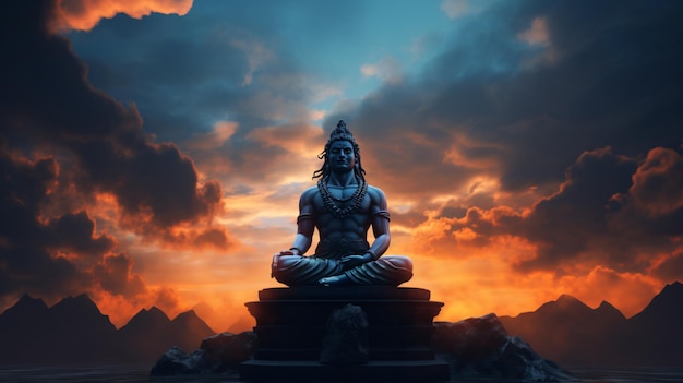 Backlit statue of Hindu god Lord Shiva in meditation