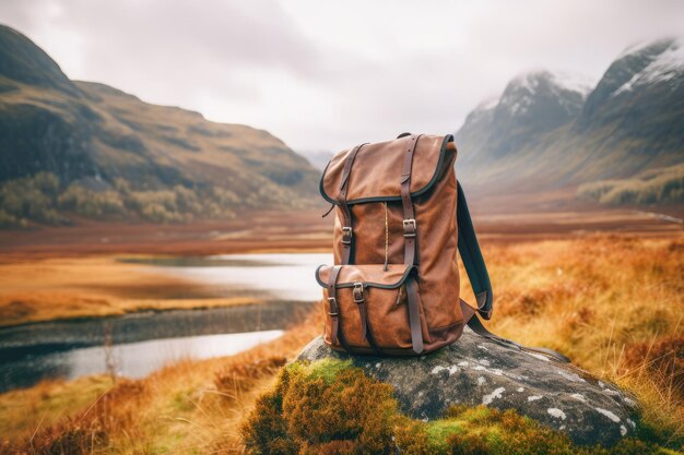 backpack in the background of breathtaking view of Scottish highlands surrounded by majestic mountains