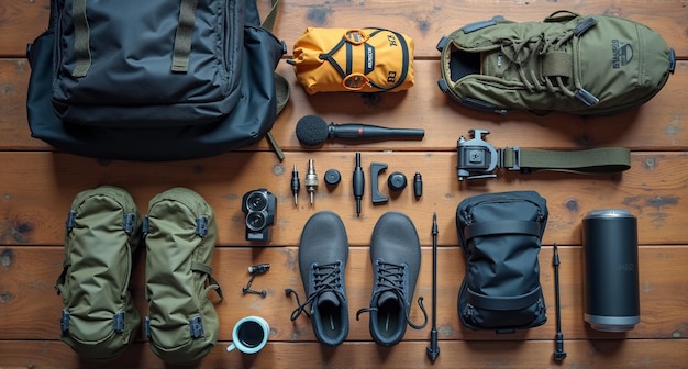 a backpack and a backpack are on a table with other items