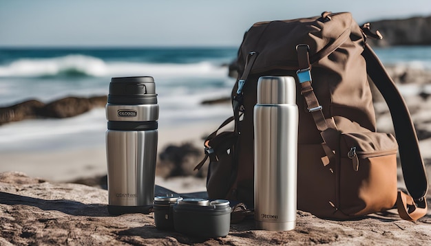 a backpack on the beach with the ocean in the background