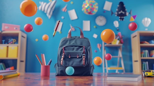 Backpack and books on table closeup