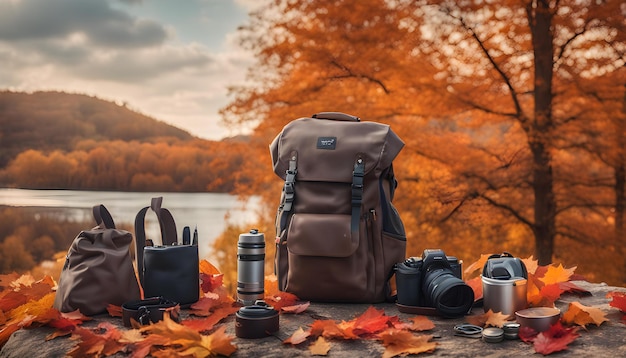 a backpack and camera on a table with a lake in the background