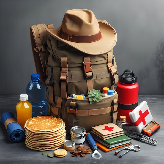 Photo a backpack filled with essentials such as water snacks and a first aid kit prepared for the panca