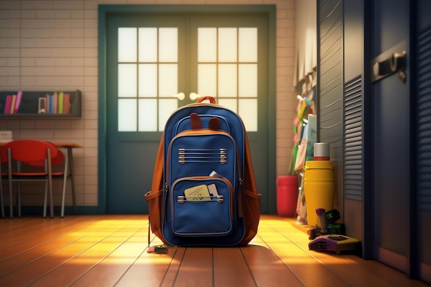 A backpack full of school supplies on a locker