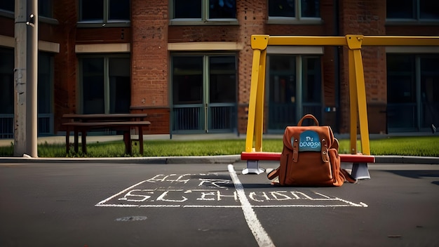 a backpack on the ground in front of a building