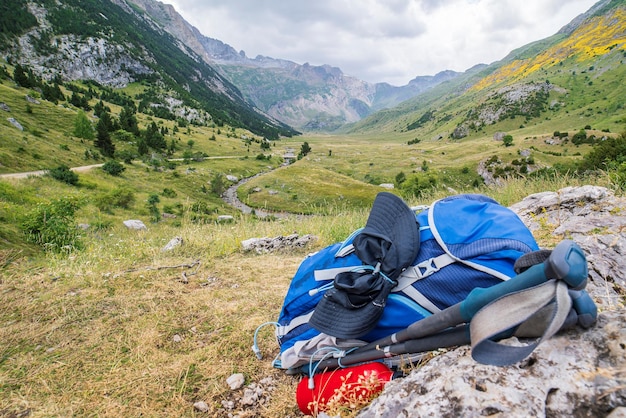 Backpack and hiking equipment in the Otal Valley Ordesa y Monte Perdido national park