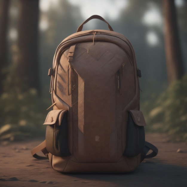 A backpack is sitting on the ground in a forest.