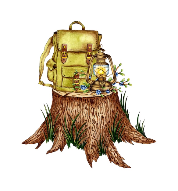 Backpack and lamp on stump watercolor camping