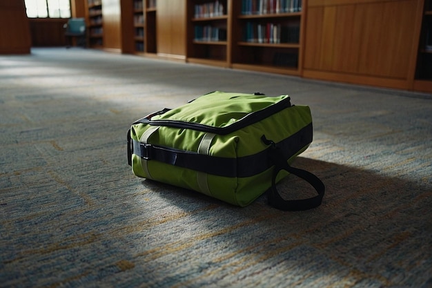 Photo backpack on a library floor