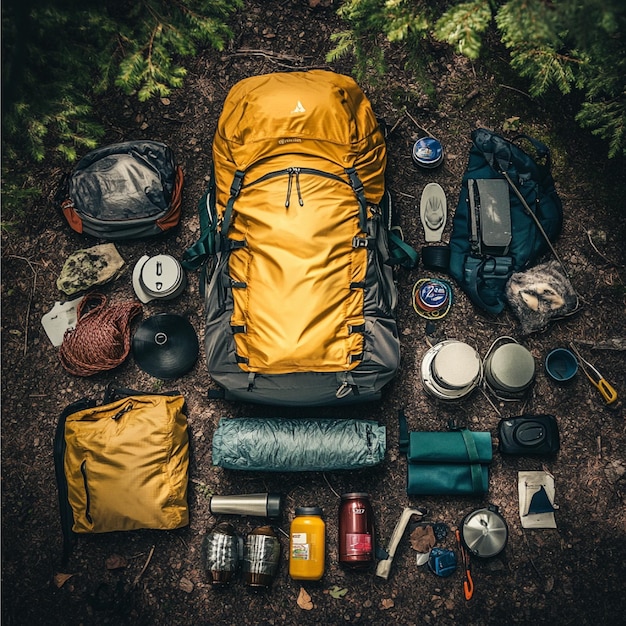 Photo backpack loaded with essential camping gear laid out on a forest floor