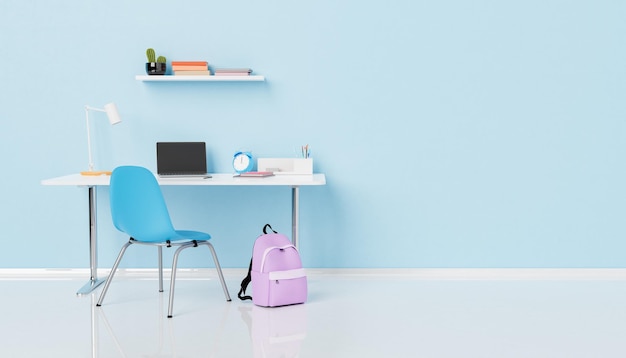 Backpack placed near desk with laptop and textbooks