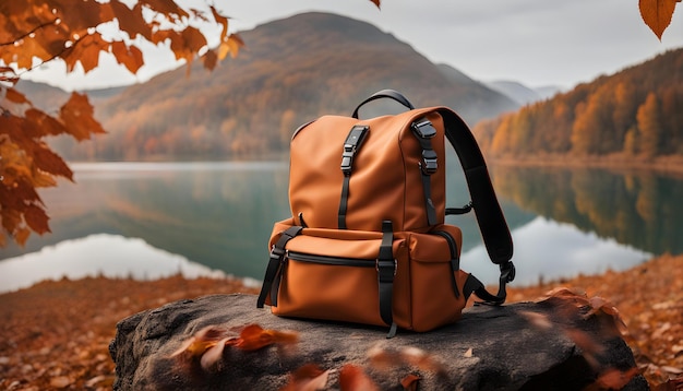 backpack on a rock by a lake