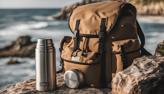 a backpack sits on a beach next to a rock and water bottle