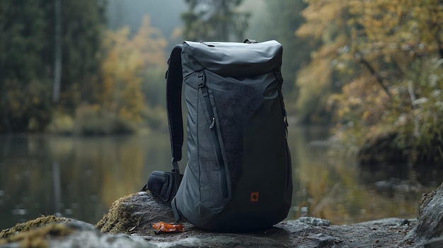 Photo a backpack sits on a rock by a lake