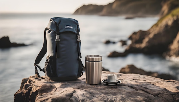 a backpack sits on a rock next to a cup of coffee