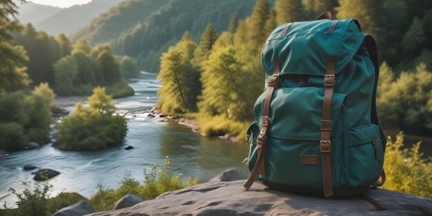 Photo a backpack sits on a rock overlooking a river