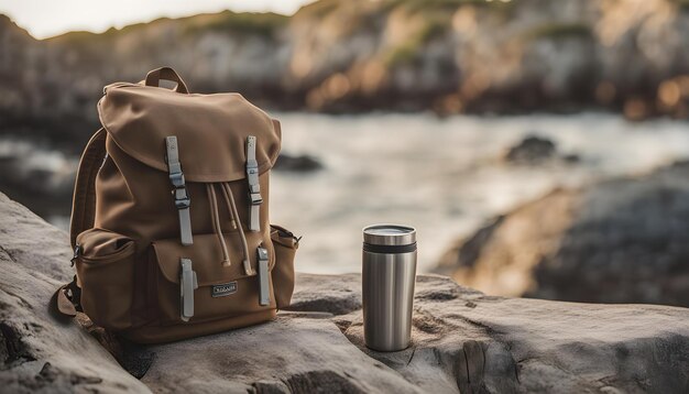 a backpack sits on a rock next to a sea