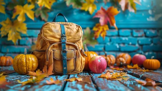 Photo a backpack sits on a wooden surface with a apple on it