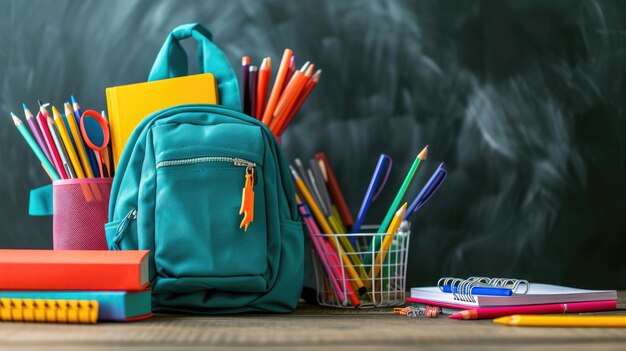 Backpack spills vibrant stationery on table creating a colorful workspace ambiance