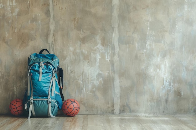 Photo backpack sports equipment on floor near wall copy space for text school gym banner sports mockup