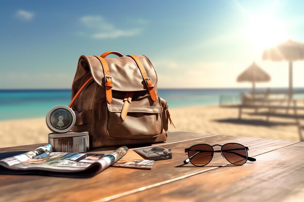 A backpack, sunglasses, and a camera are on a table on a beach.