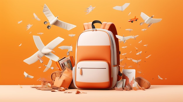 Backpack surrounded by flying school stationery